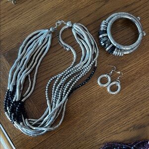 Elegant Silver and Black Necklace, Earrings, & Bracelet Set